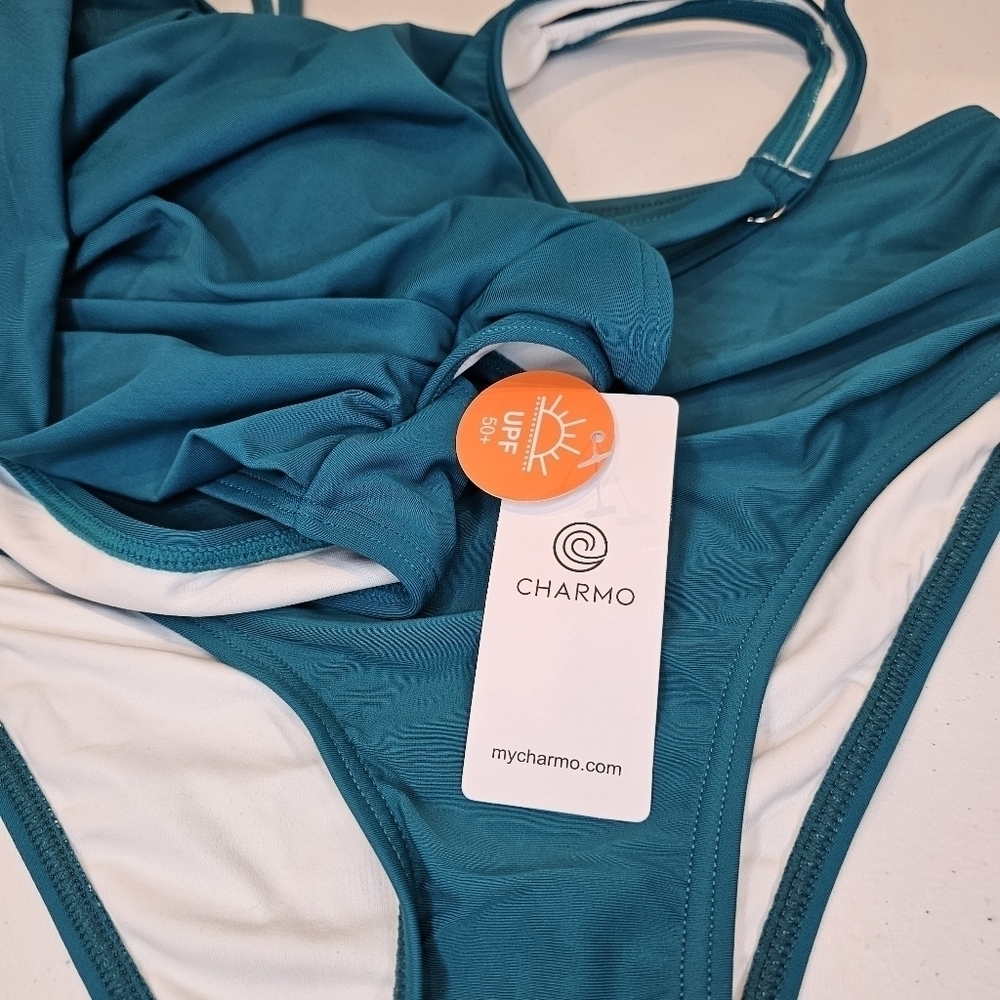 Charmo Bikini Womens Size Medium Large Teal Swimsuit Rouched Summer Beach - Picture 4 of 8